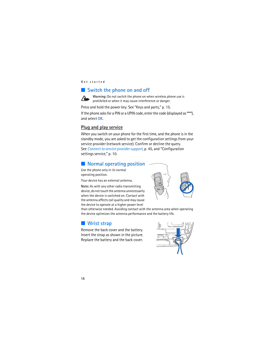 Switch the phone on and off, Normal operating position, Wrist strap | Nokia 6103 User Manual | Page 15 / 169