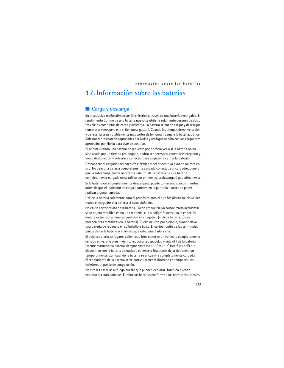 Información sobre las baterías, Carga y descarga, Información sobre | Las baterías | Nokia 6103 User Manual | Page 156 / 169