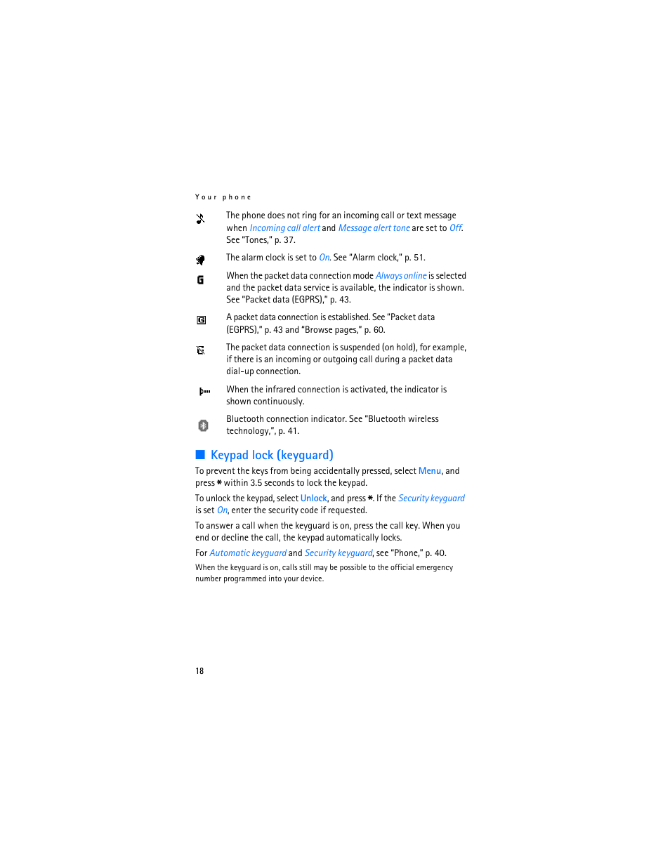 Keypad lock (keyguard), Locked. see “keypad lock (keyguard),” p. 18 | Nokia 6103 User Manual | Page 19 / 169