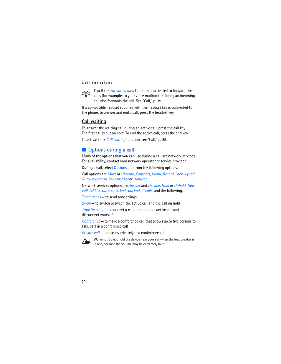 Options during a call | Nokia 6103 User Manual | Page 21 / 169