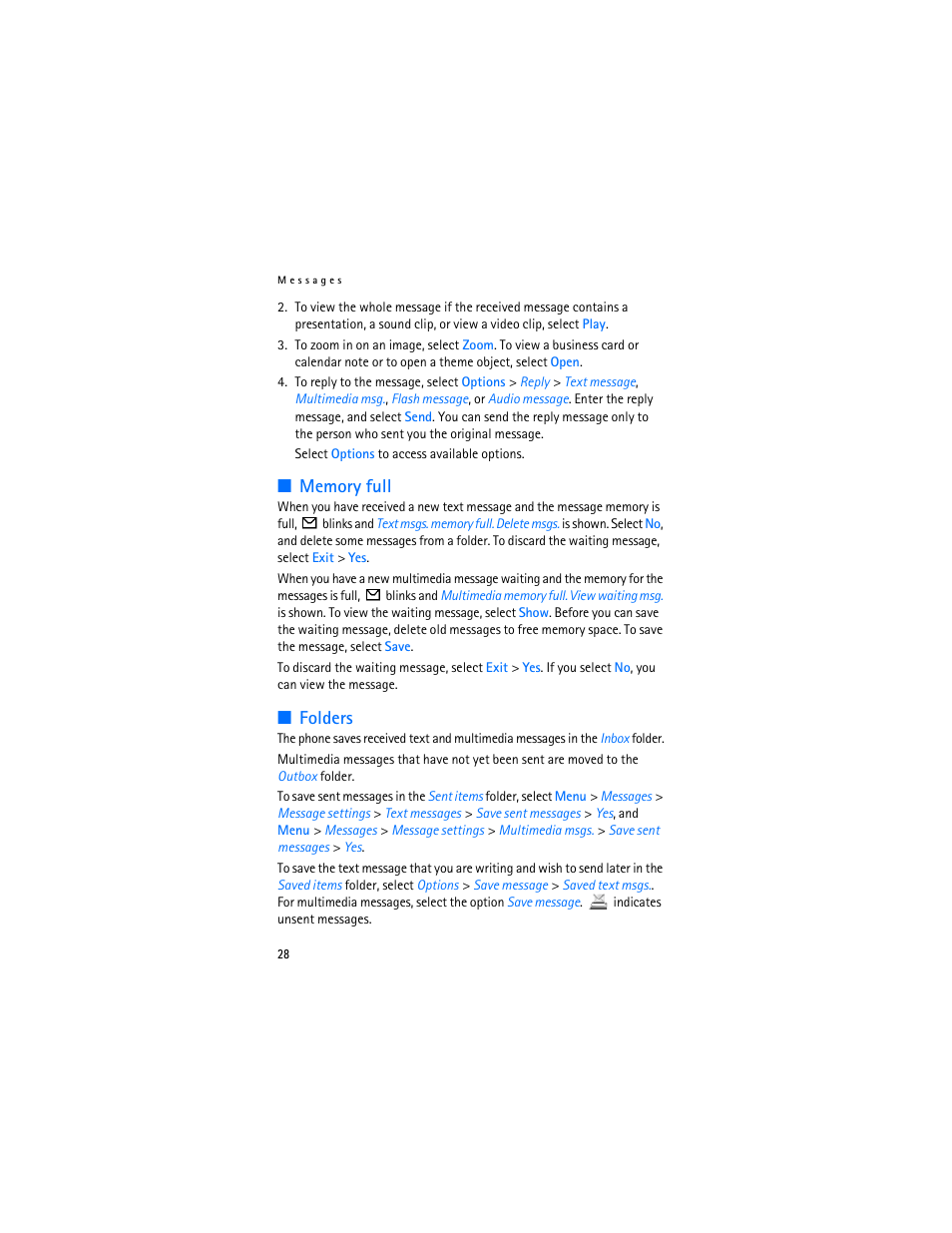 Memory full, Folders, Memory full folders | Nokia 6103 User Manual | Page 29 / 169