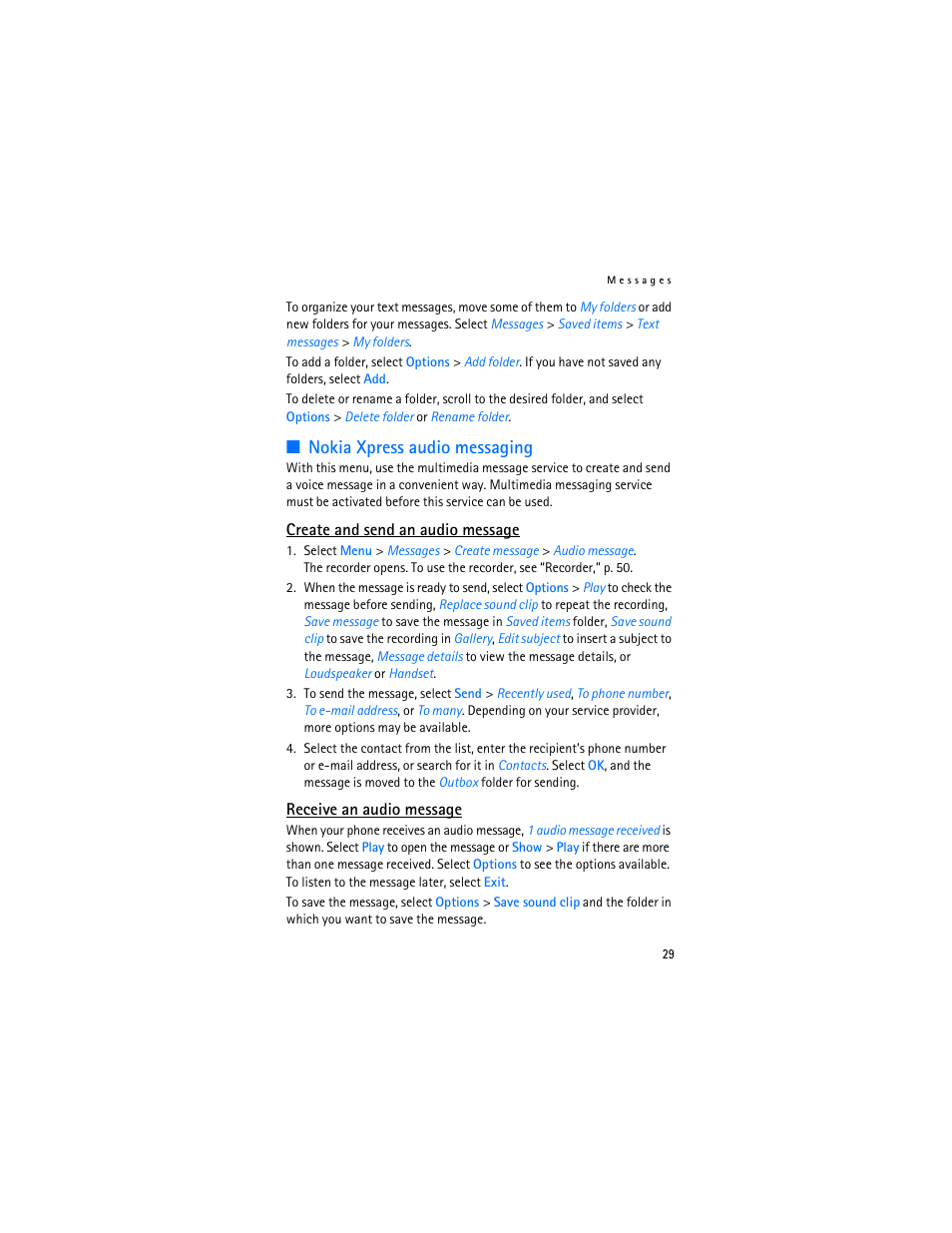 Nokia xpress audio messaging, G. see “nokia xpress audio messaging,” p. 29 | Nokia 6103 User Manual | Page 30 / 169