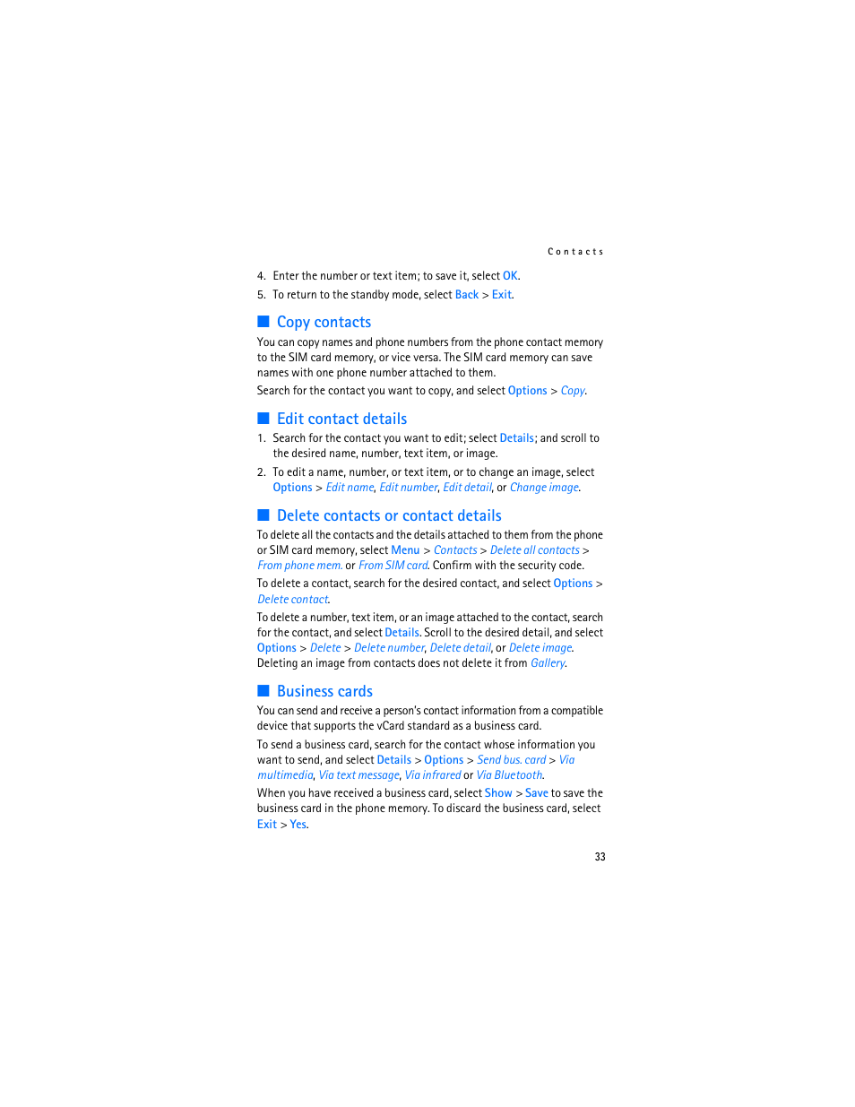 Copy contacts, Edit contact details, Delete contacts or contact details | Business cards | Nokia 6103 User Manual | Page 34 / 169