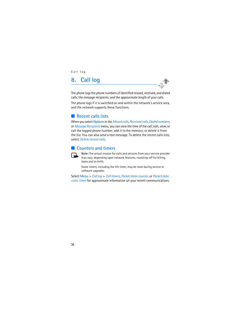 Call, Recent calls lists, Counters and timers | Call log, Recent calls lists counters and timers, E “call log | Nokia 6103 User Manual | Page 37 / 169