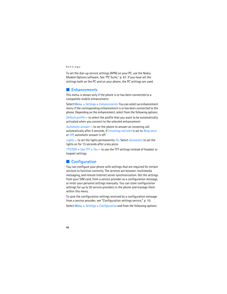 Enhancements, Configuration, Enhancements configuration | Nokia 6103 User Manual | Page 45 / 169