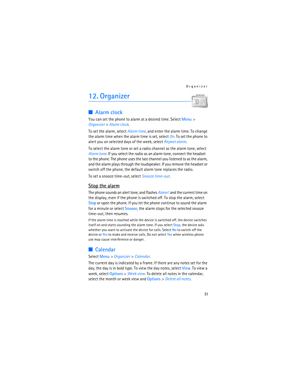 Organizer, Alarm clock, Calendar | Alarm clock calendar | Nokia 6103 User Manual | Page 52 / 169