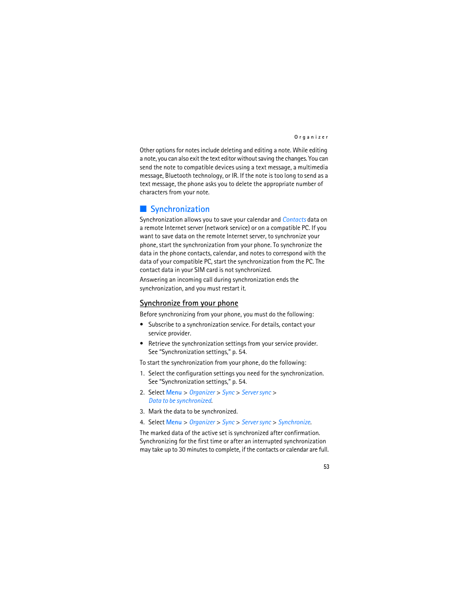 Synchronization | Nokia 6103 User Manual | Page 54 / 169