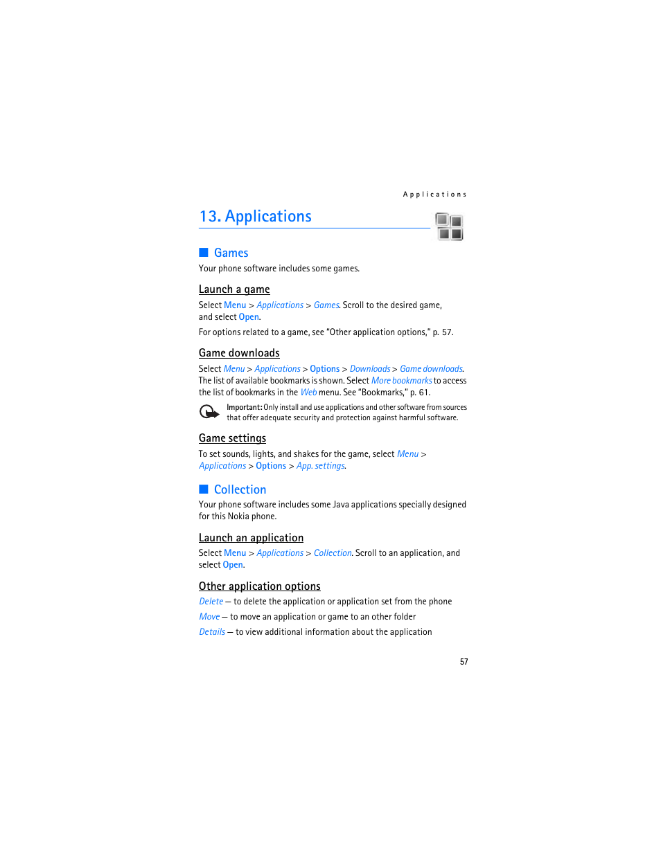 Applications, Games, Collection | Games collection | Nokia 6103 User Manual | Page 58 / 169