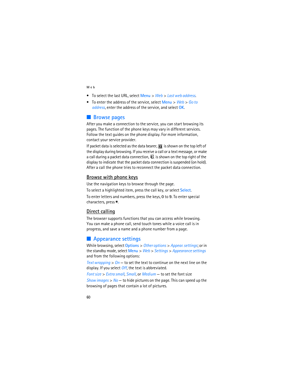 Appearance settings, Browse pages | Nokia 6103 User Manual | Page 61 / 169