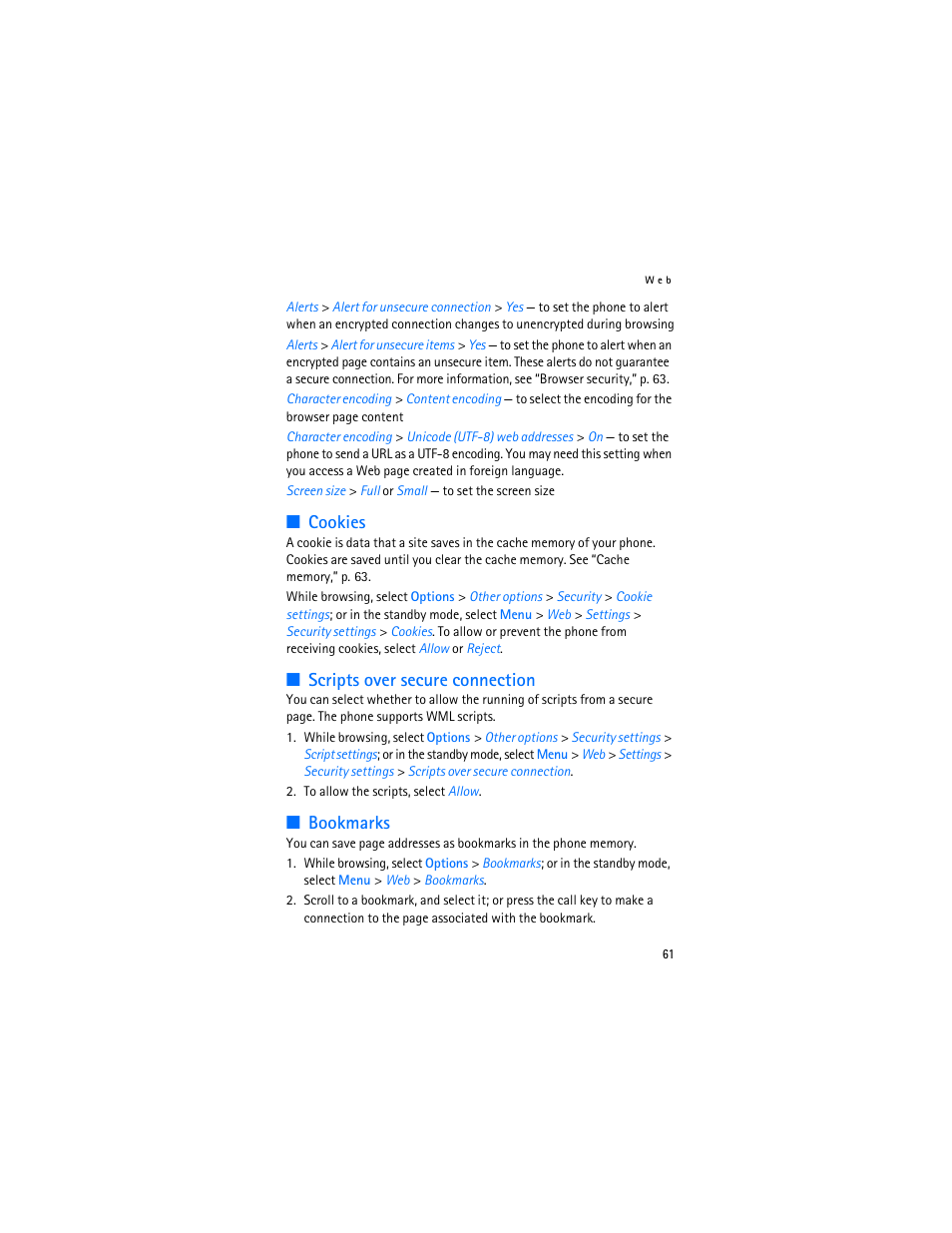 Cookies, Scripts over secure connection, Bookmarks | Cookies scripts over secure connection bookmarks | Nokia 6103 User Manual | Page 62 / 169