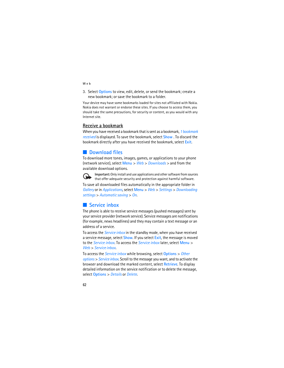 Download files, Service inbox, Download files service inbox | Nokia 6103 User Manual | Page 63 / 169