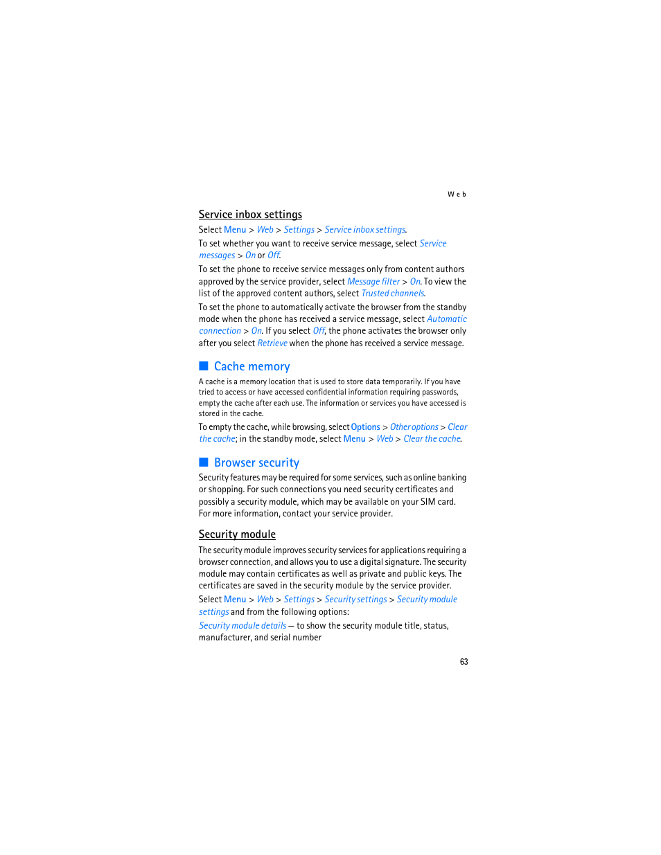Cache memory, Browser security, Cache memory browser security | E “security module, E “browser security, Cache memory,” p | Nokia 6103 User Manual | Page 64 / 169