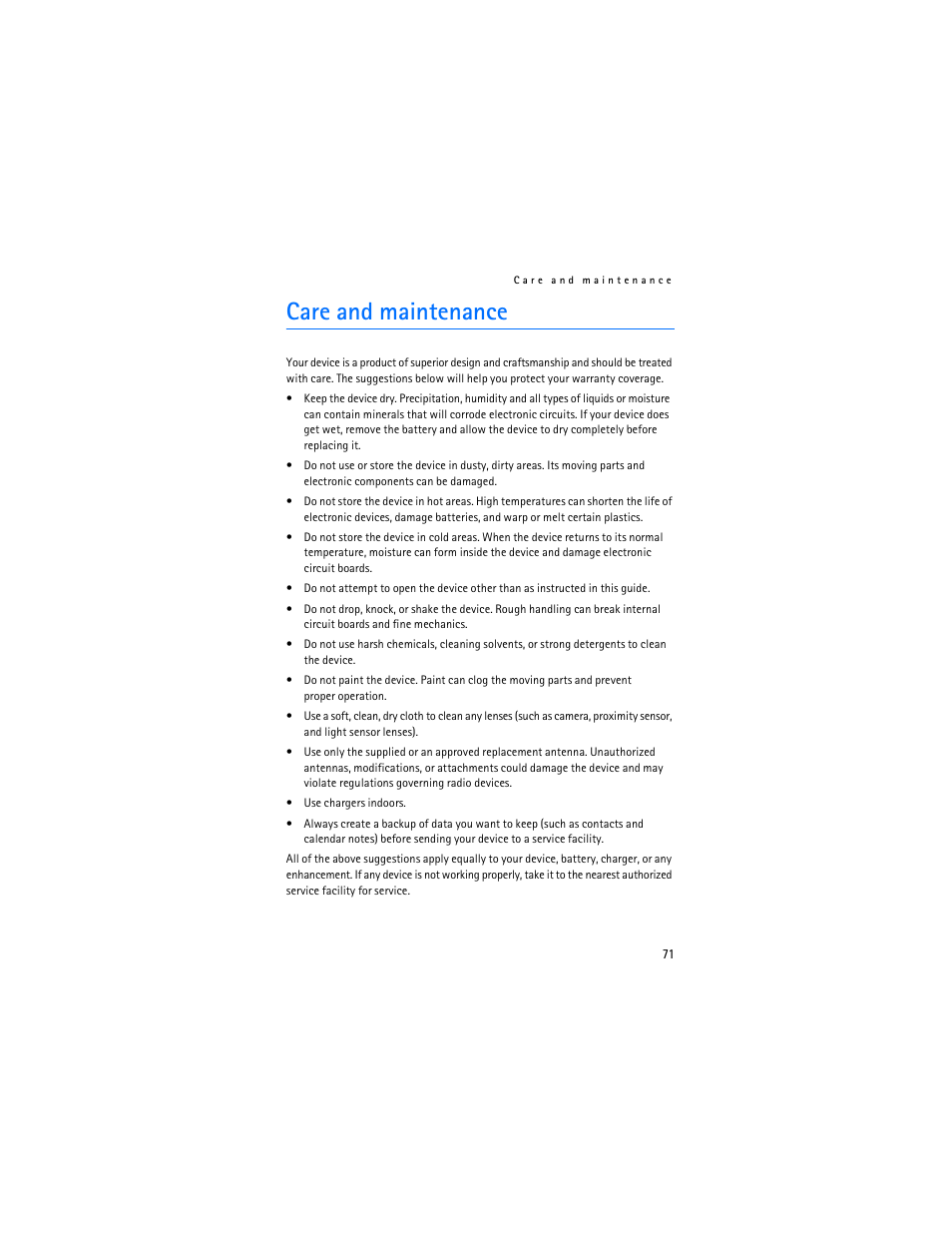 Care and maintenance | Nokia 6103 User Manual | Page 72 / 169