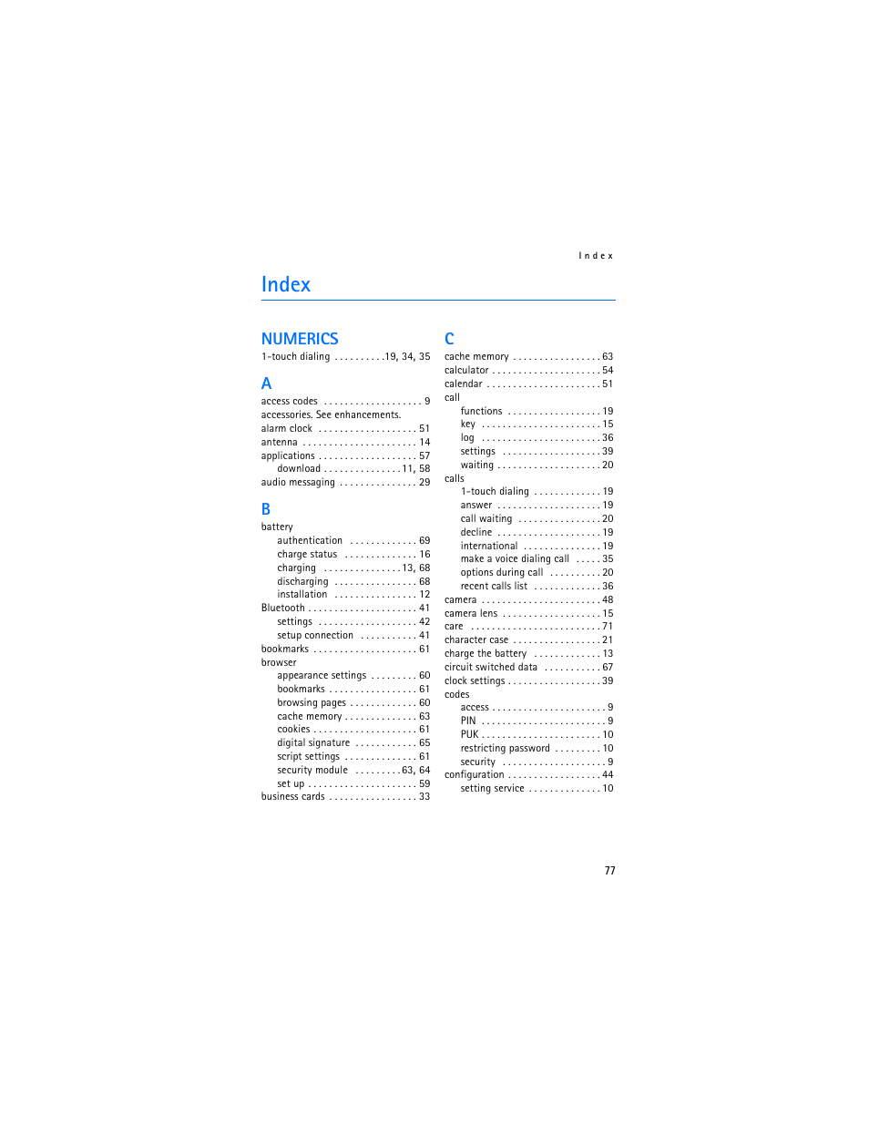 Index, Numerics | Nokia 6103 User Manual | Page 78 / 169