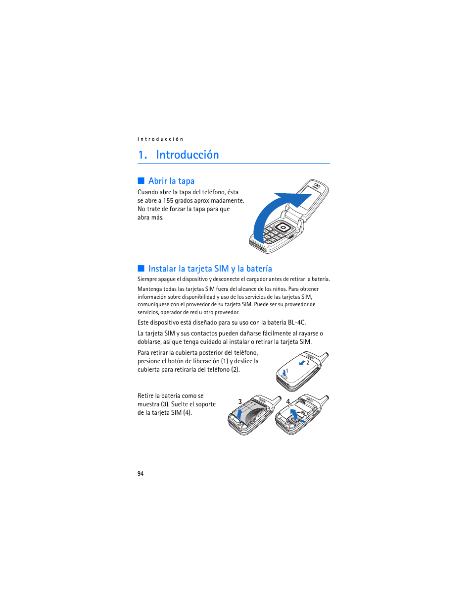 Introducción, Abrir la tapa, Instalar la tarjeta sim y la batería | Abrir la tapa instalar la tarjeta sim y la batería | Nokia 6103 User Manual | Page 95 / 169