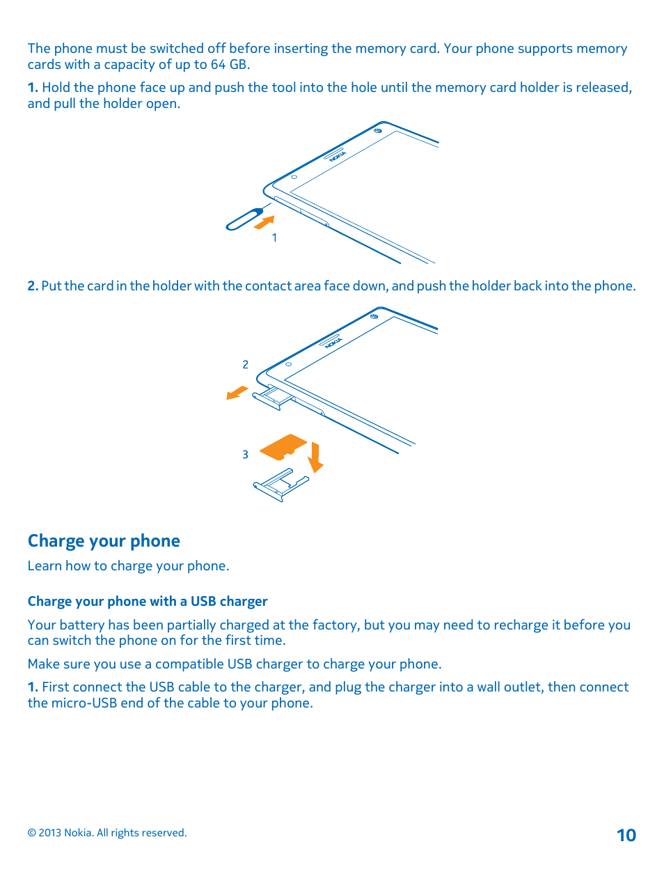 Charge your phone, Charge your phone with a usb charger | Nokia Lumia 1520 User Manual | Page 10 / 128