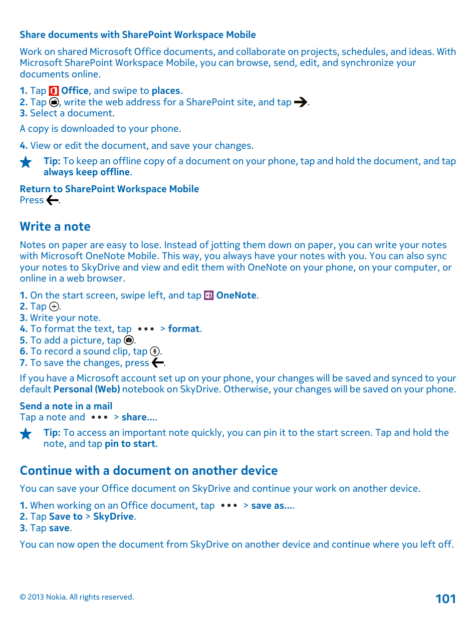 Share documents with sharepoint workspace mobile, Write a note, Continue with a document on another device | Continue with a document on another, Device 101 | Nokia Lumia 1520 User Manual | Page 101 / 128