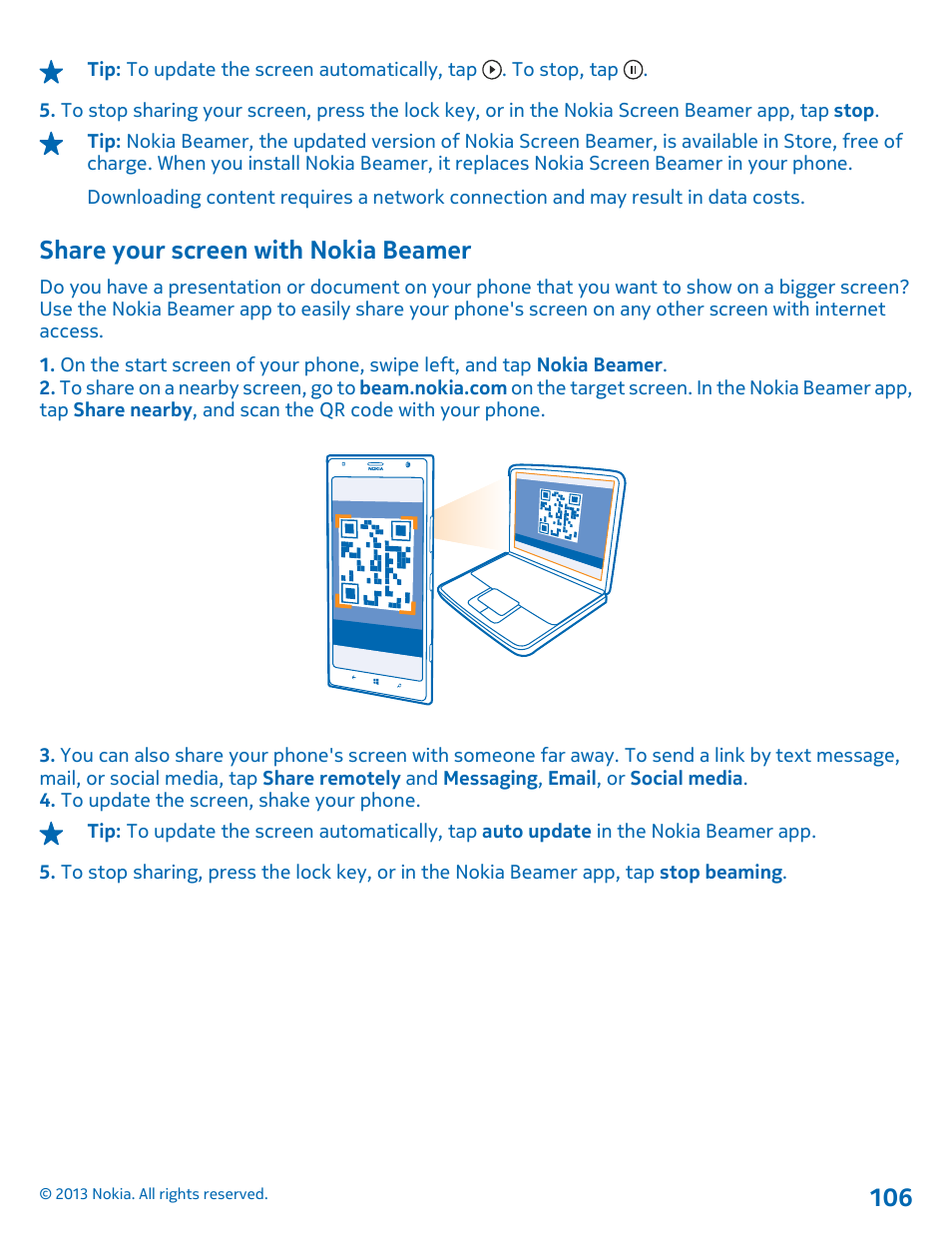 Share your screen with nokia beamer | Nokia Lumia 1520 User Manual | Page 106 / 128