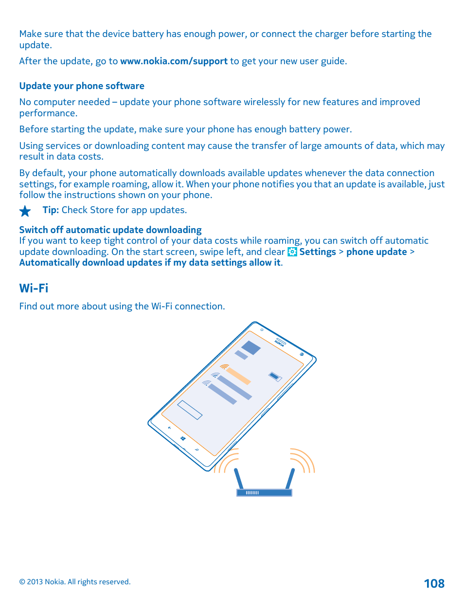 Update your phone software, Wi-fi, Wi-fi 108 | Nokia Lumia 1520 User Manual | Page 108 / 128