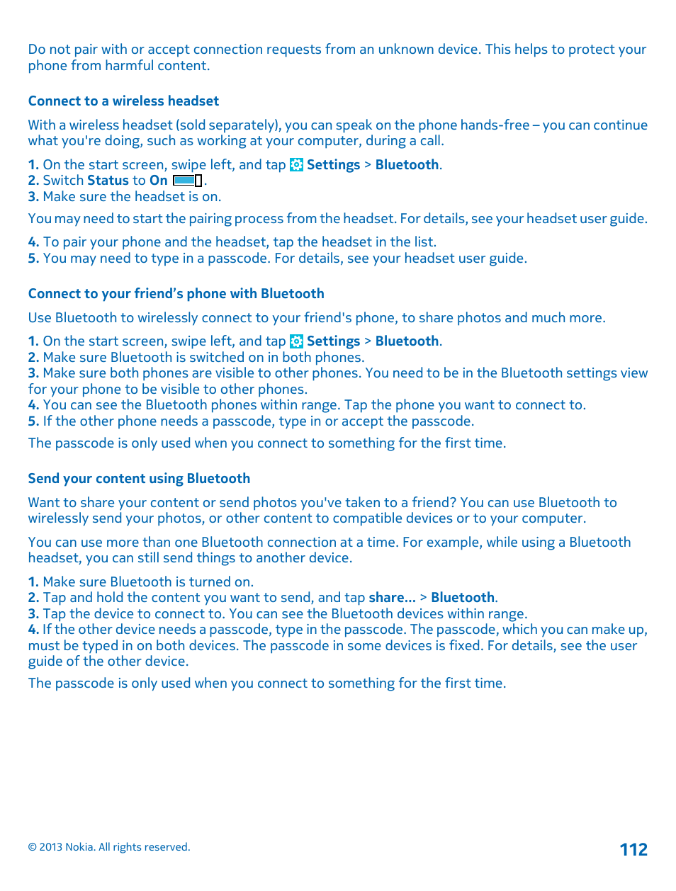 Connect to a wireless headset, Connect to your friend’s phone with bluetooth, Send your content using bluetooth | Nokia Lumia 1520 User Manual | Page 112 / 128