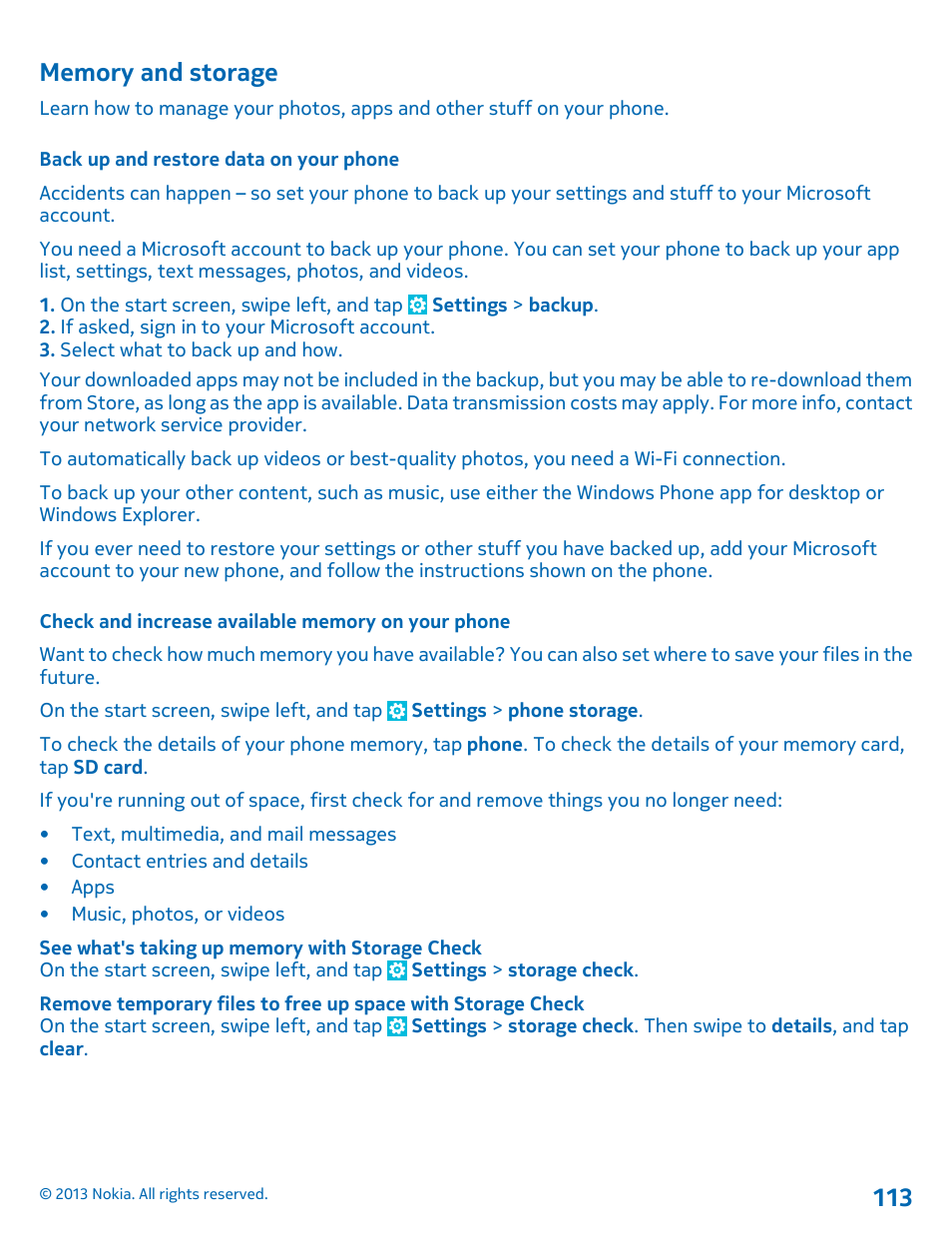 Memory and storage, Back up and restore data on your phone, Check and increase available memory on your phone | Nokia Lumia 1520 User Manual | Page 113 / 128