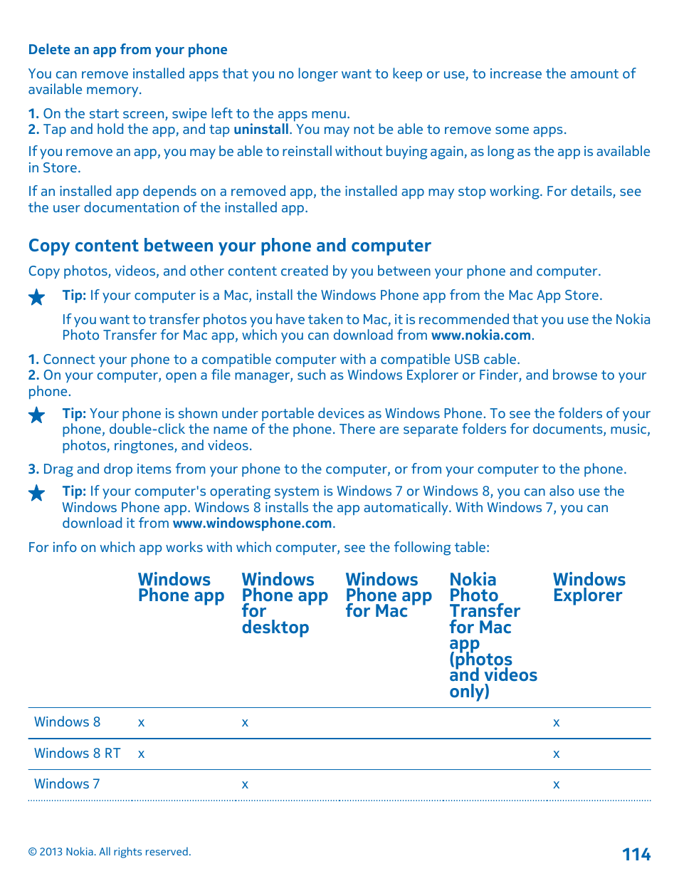 Delete an app from your phone, Copy content between your phone and computer, Copy content between your phone and | Computer 114 | Nokia Lumia 1520 User Manual | Page 114 / 128