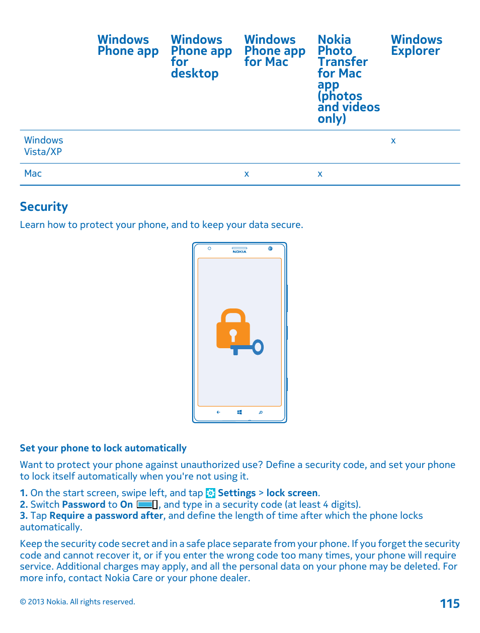 Security, Set your phone to lock automatically, Security 115 | Nokia Lumia 1520 User Manual | Page 115 / 128