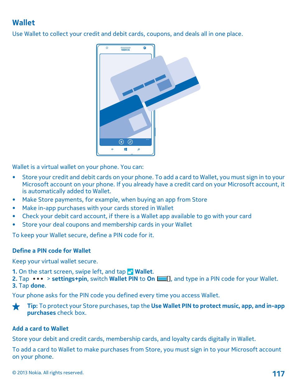 Wallet, Define a pin code for wallet, Add a card to wallet | Wallet 117 | Nokia Lumia 1520 User Manual | Page 117 / 128