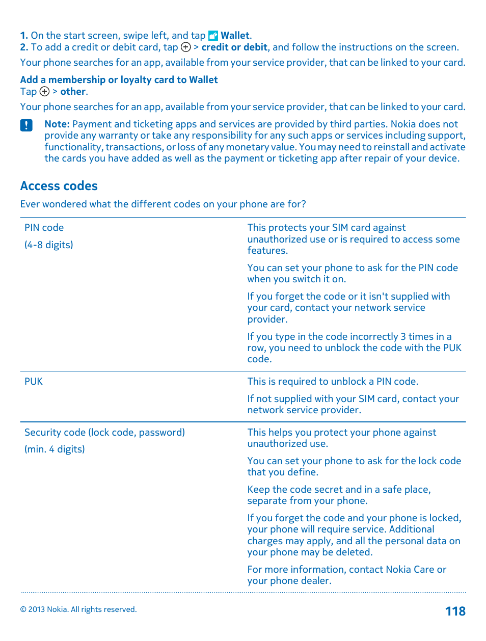 Access codes | Nokia Lumia 1520 User Manual | Page 118 / 128