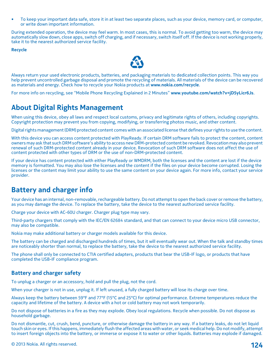 About digital rights management, Battery and charger info, Battery and charger safety | Nokia Lumia 1520 User Manual | Page 124 / 128