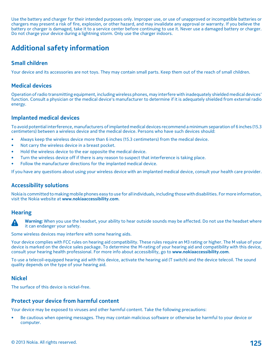 Additional safety information, Small children, Medical devices | Implanted medical devices, Accessibility solutions, Hearing, Nickel, Protect your device from harmful content | Nokia Lumia 1520 User Manual | Page 125 / 128