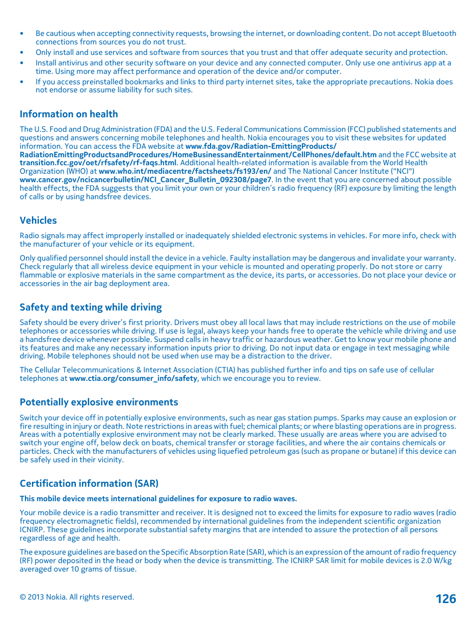 Information on health, Vehicles, Safety and texting while driving | Potentially explosive environments, Certification information (sar) | Nokia Lumia 1520 User Manual | Page 126 / 128