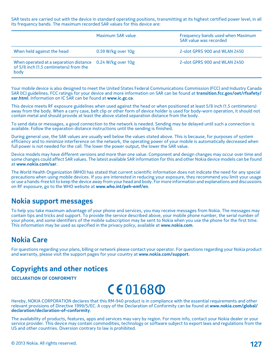 Nokia support messages, Nokia care, Copyrights and other notices | Nokia Lumia 1520 User Manual | Page 127 / 128