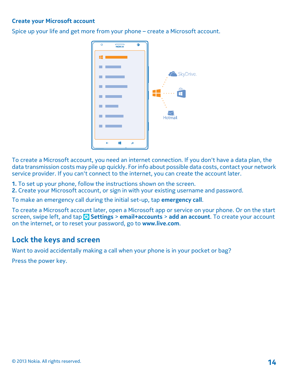 Create your microsoft account, Lock the keys and screen | Nokia Lumia 1520 User Manual | Page 14 / 128