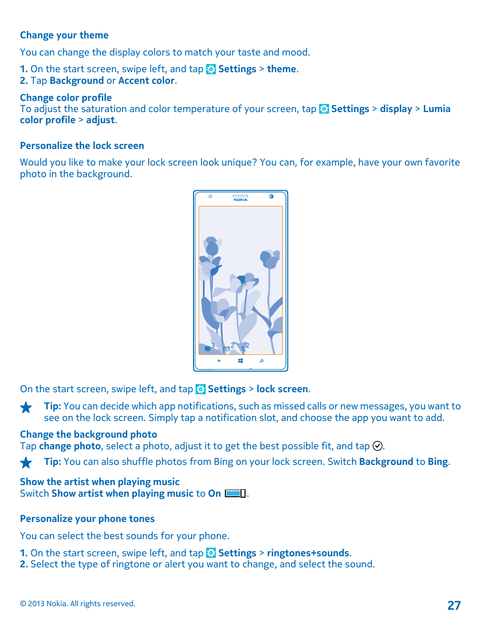 Change your theme, Personalize the lock screen, Personalize your phone tones | Nokia Lumia 1520 User Manual | Page 27 / 128