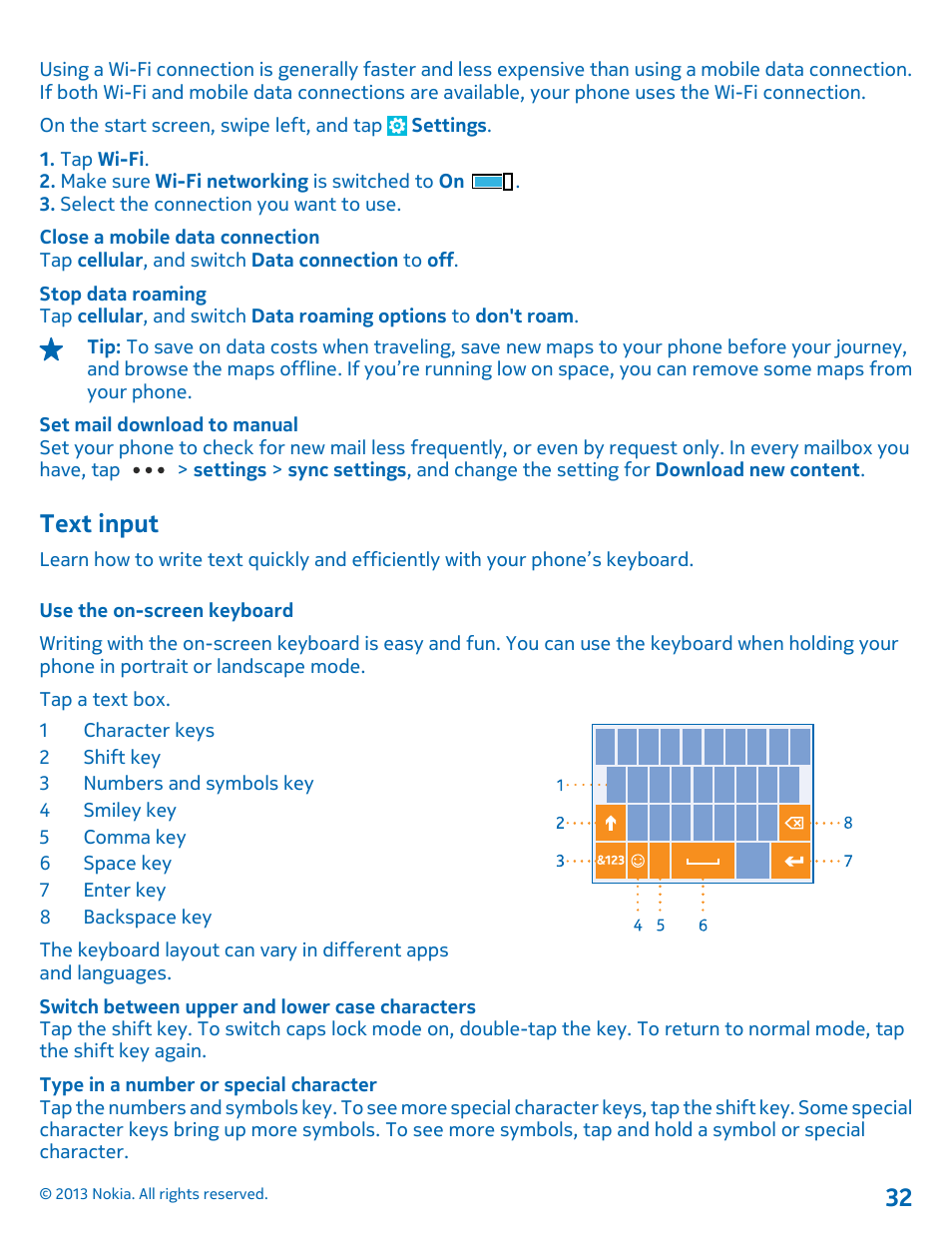 Text input, Use the on-screen keyboard | Nokia Lumia 1520 User Manual | Page 32 / 128