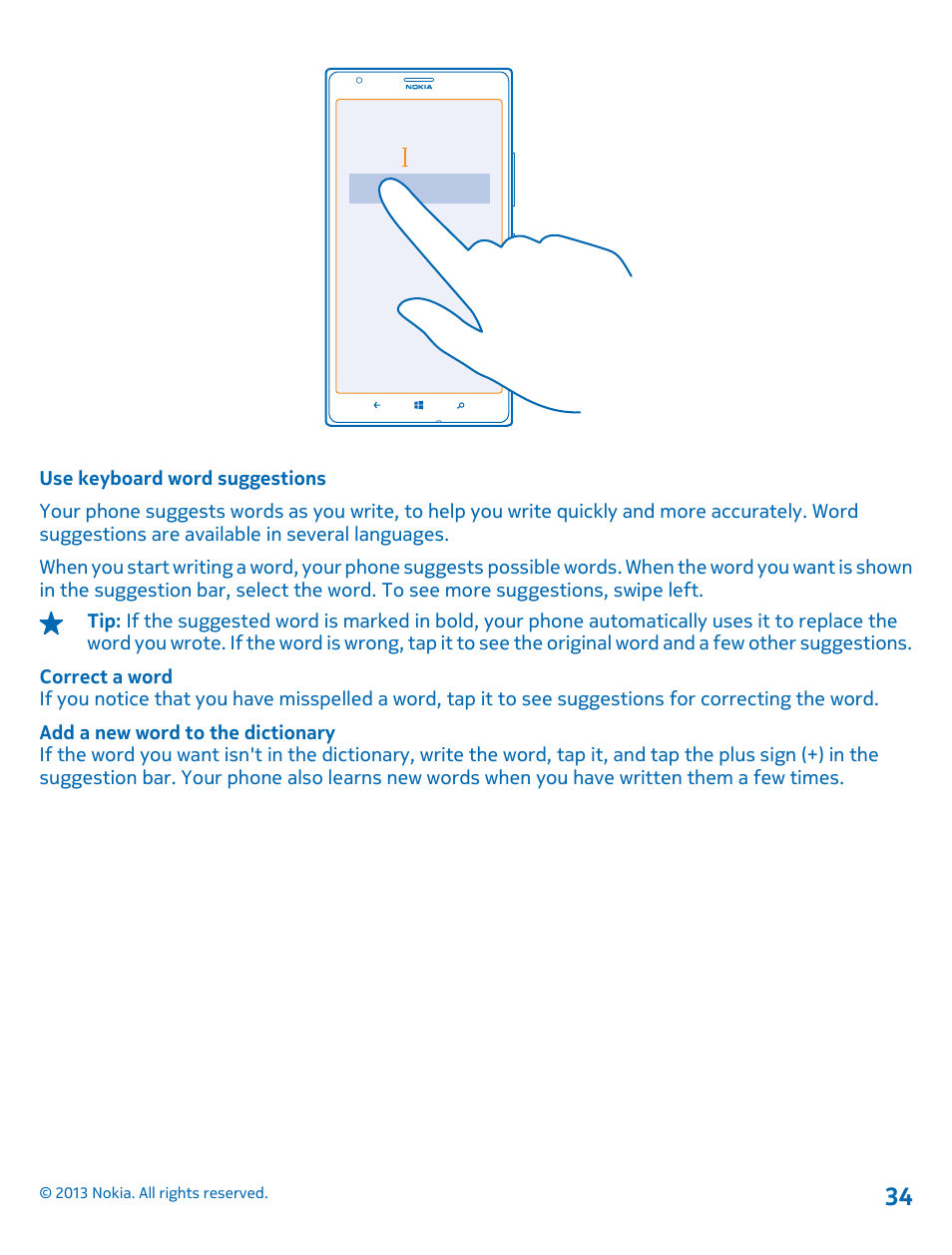 Use keyboard word suggestions | Nokia Lumia 1520 User Manual | Page 34 / 128