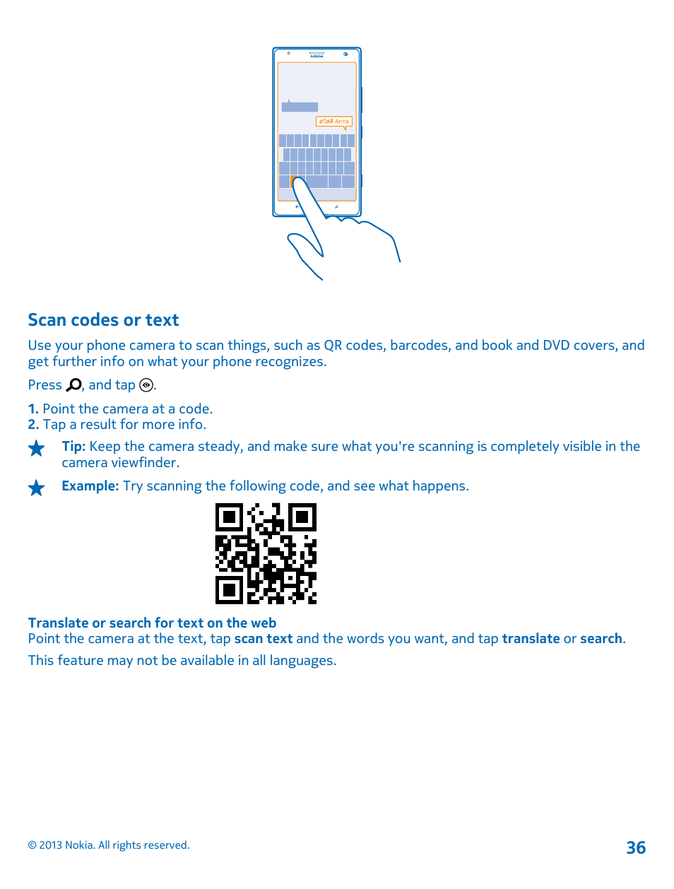 Scan codes or text | Nokia Lumia 1520 User Manual | Page 36 / 128