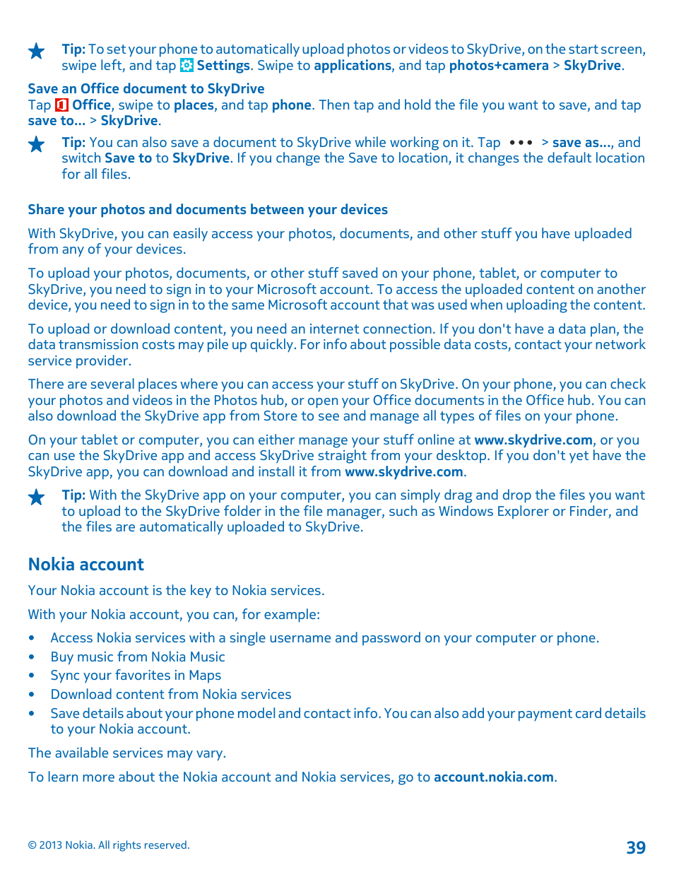 Nokia account | Nokia Lumia 1520 User Manual | Page 39 / 128