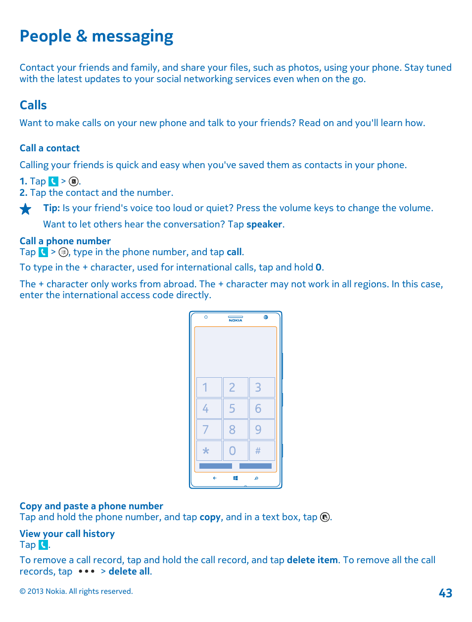 People & messaging, Calls, Call a contact | Calls 43 | Nokia Lumia 1520 User Manual | Page 43 / 128