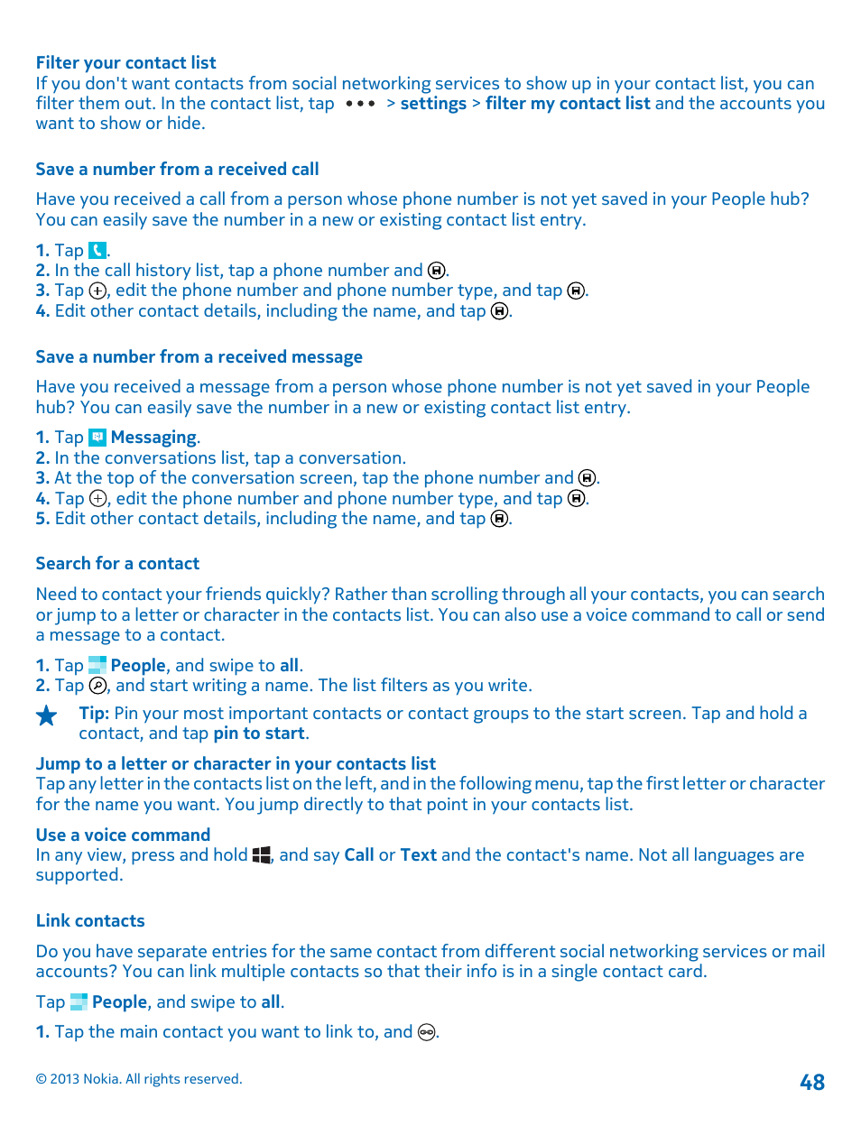 Save a number from a received call, Save a number from a received message, Search for a contact | Link contacts | Nokia Lumia 1520 User Manual | Page 48 / 128