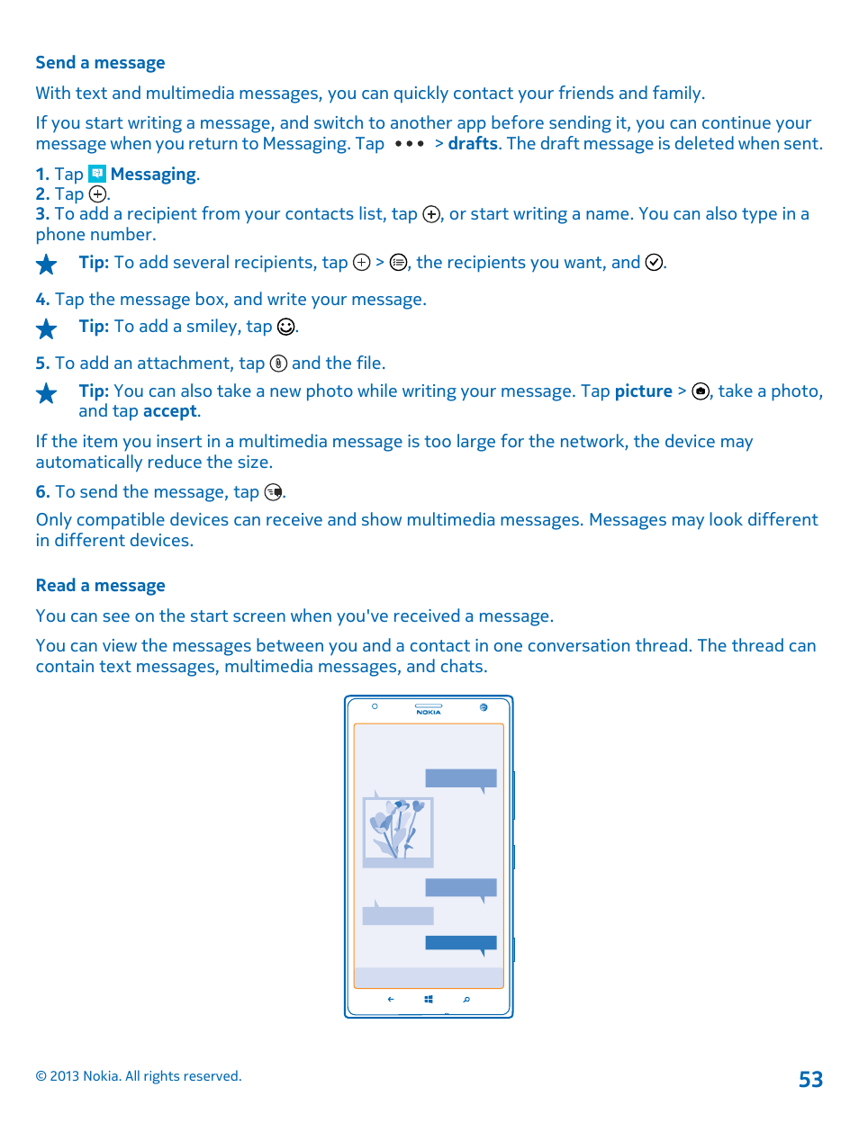 Send a message, Read a message | Nokia Lumia 1520 User Manual | Page 53 / 128