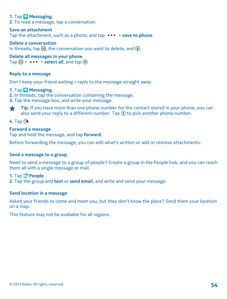 Reply to a message, Send a message to a group, Send location in a message | Nokia Lumia 1520 User Manual | Page 54 / 128