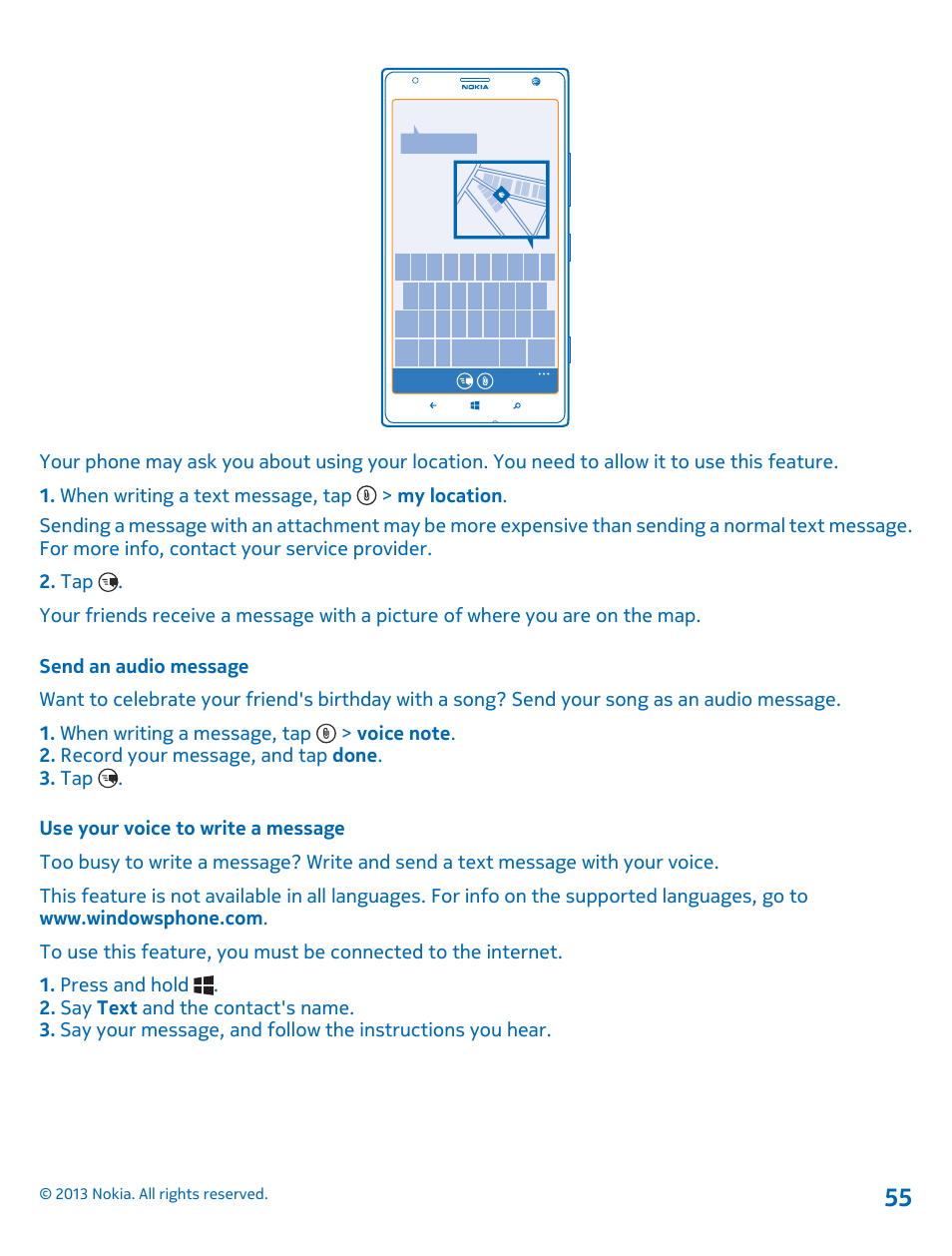 Send an audio message, Use your voice to write a message | Nokia Lumia 1520 User Manual | Page 55 / 128