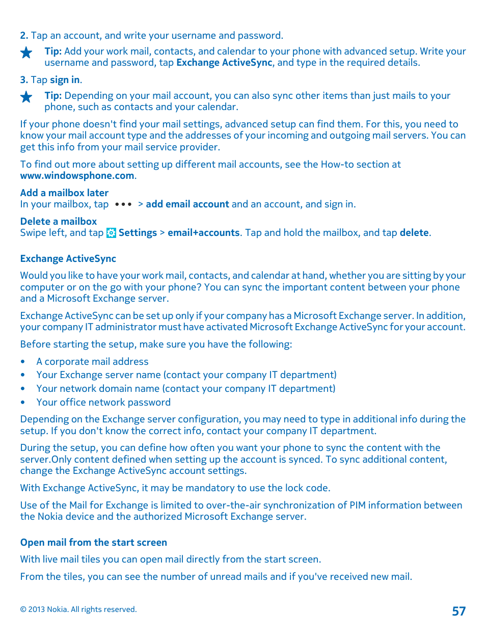 Exchange activesync, Open mail from the start screen | Nokia Lumia 1520 User Manual | Page 57 / 128