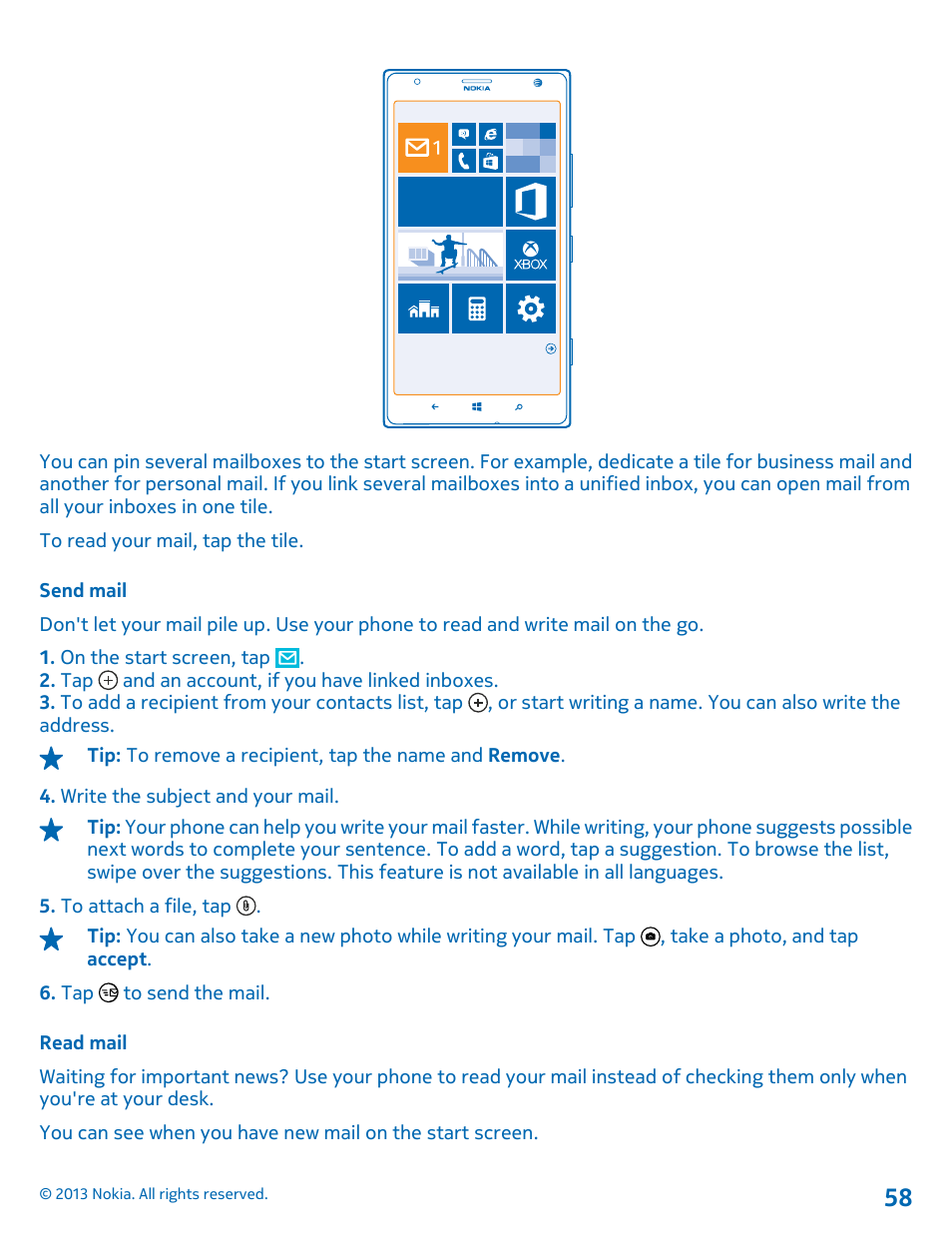 Send mail, Read mail | Nokia Lumia 1520 User Manual | Page 58 / 128