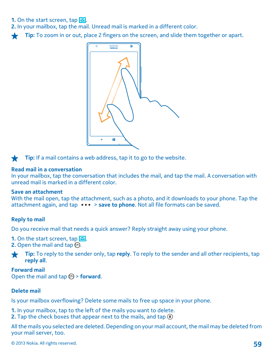 Reply to mail, Delete mail | Nokia Lumia 1520 User Manual | Page 59 / 128