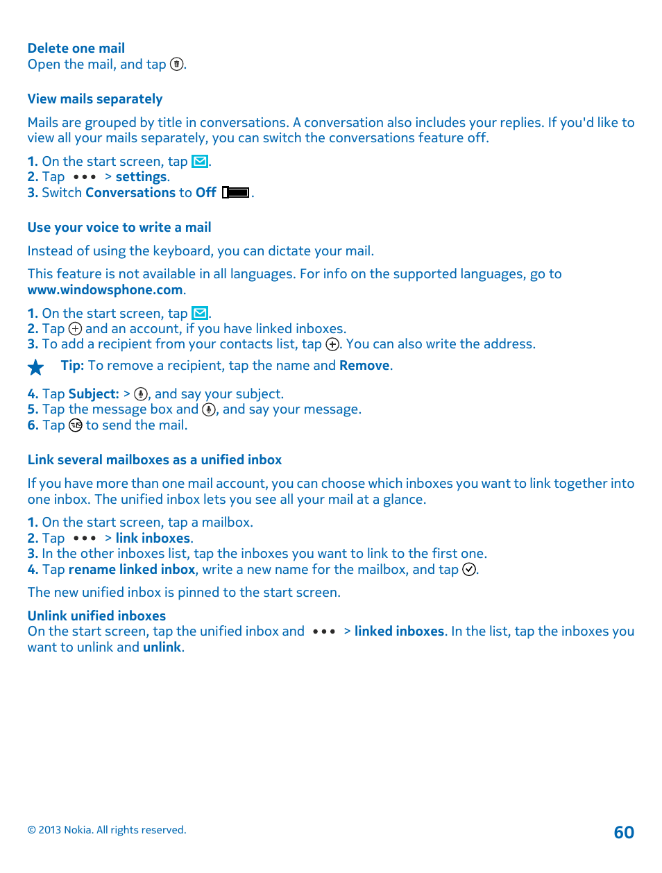 View mails separately, Use your voice to write a mail, Link several mailboxes as a unified inbox | Nokia Lumia 1520 User Manual | Page 60 / 128