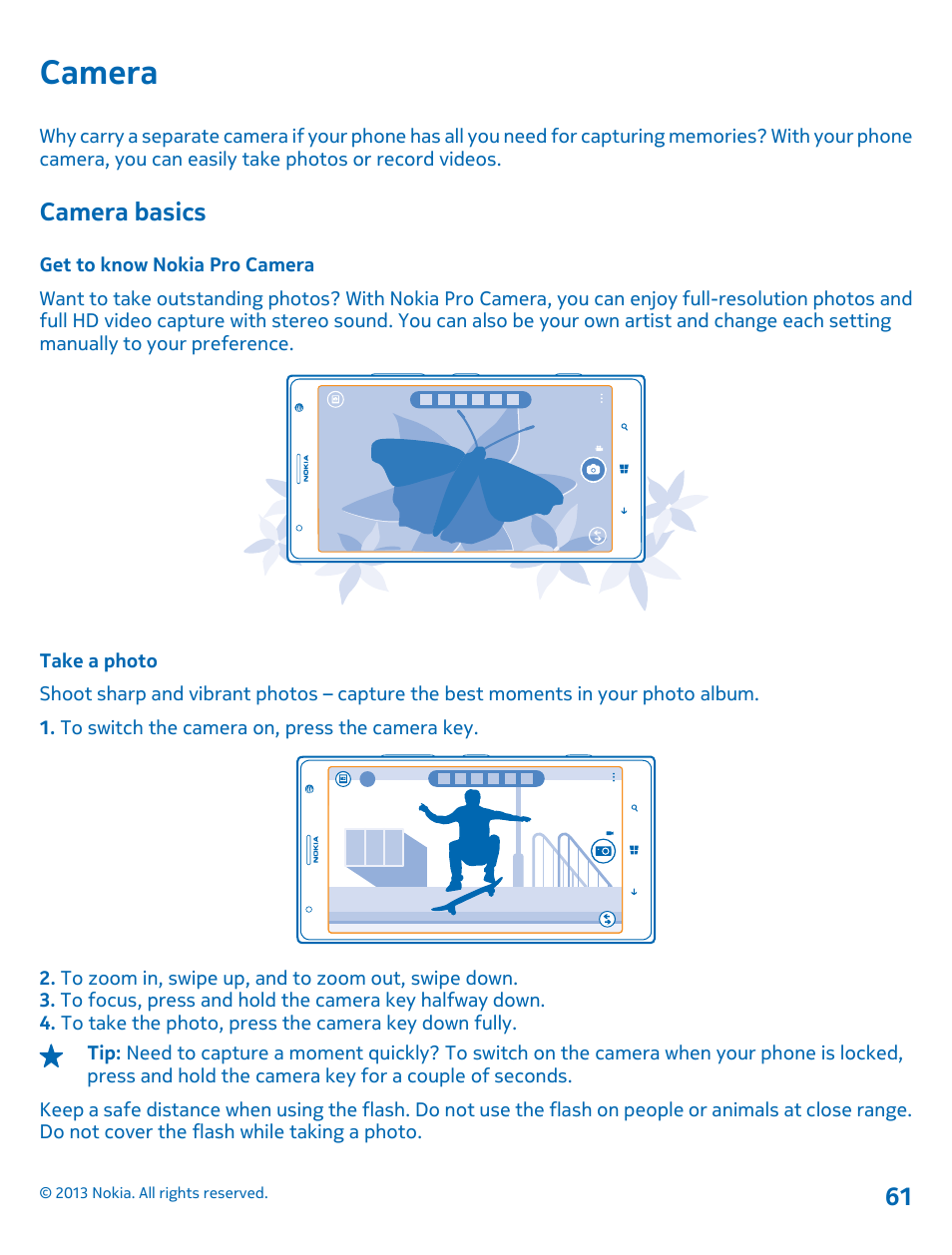 Camera, Camera basics, Get to know nokia pro camera | Take a photo, Camera 61 camera basics | Nokia Lumia 1520 User Manual | Page 61 / 128
