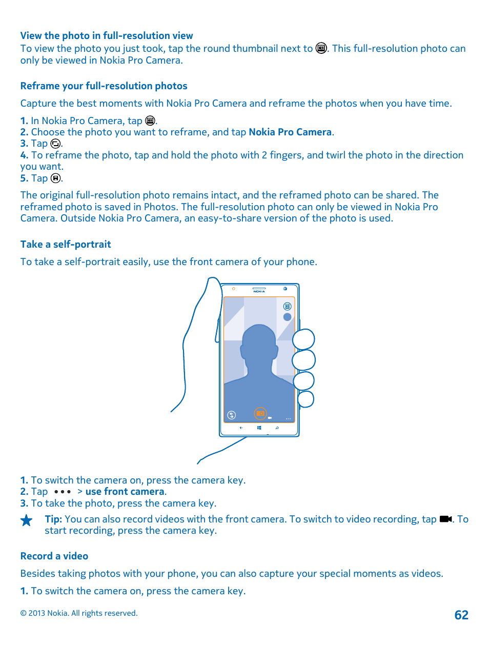 Reframe your full-resolution photos, Take a self-portrait, Record a video | Nokia Lumia 1520 User Manual | Page 62 / 128